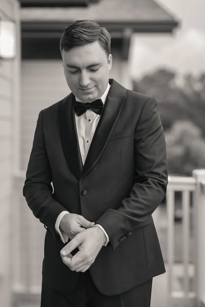 Mike Loerop in a tuxedo, black and white portrait