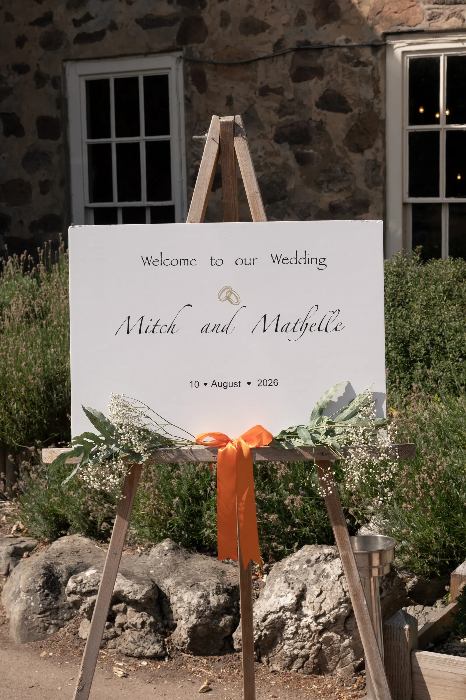 Welcome to our wedding sign for Mitch and Mathelle outside Rothley Court
